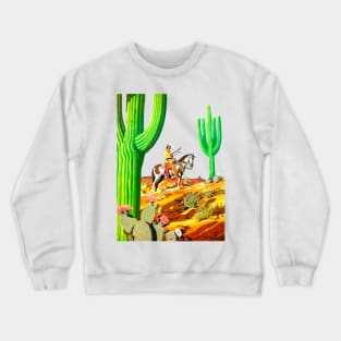 Desert Cactus American Indian Horseback Looking At The Horizon Western Cowboy Vintage Retro Comic Crewneck Sweatshirt